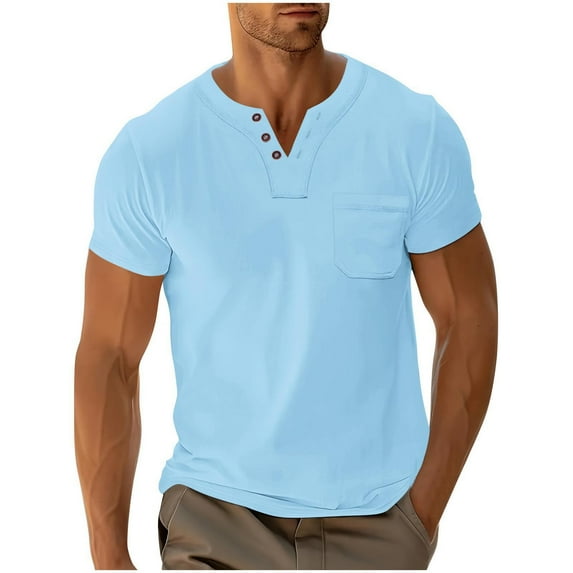 Dagugfen Mens Tops Short Sleeve Button V Neck Slim Solid Color Travel Casual Tee Shirts with Pocket