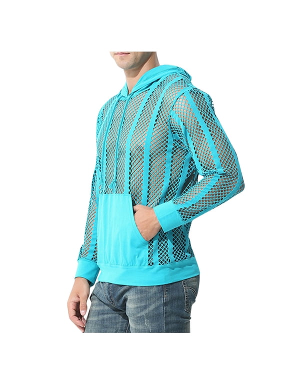 Mens Tops Stripe Fishnet Hoodies Mesh Long Sleeve Sheer Muscle Shirts with Pocket for Night Club