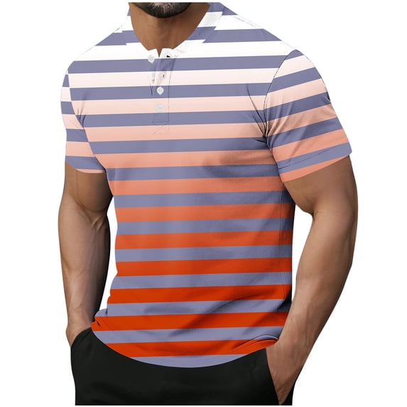 Dagugfen Mens Tops Summer Button V Neck Short Sleeve Slim Lightweight Gradient Color Travel Casual Tops Striped