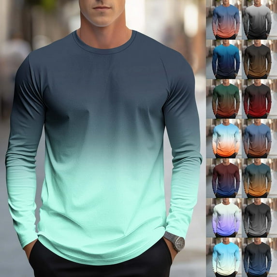 Dagugfen Mens Tops Summer Long Sleeve Crew Neck Fitted Comfy Gradient Color Casual Tee Shirts Fashion