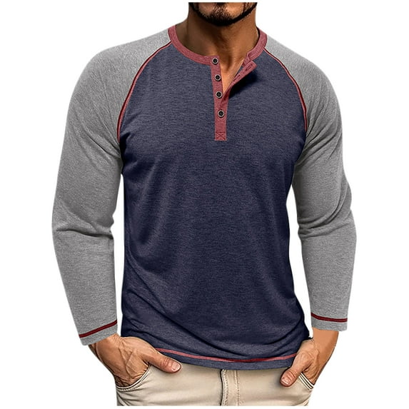 Dagugfen Mens Tshirts Button V Neck Long Sleeve Slim Comfy Color Block Homewear Casual Tops Fashion