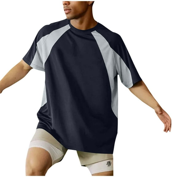 Dagugfen Mens Workout Shirts Short Sleeve Crew Neck Loose Color Block Breathable Running Shirts Fashion