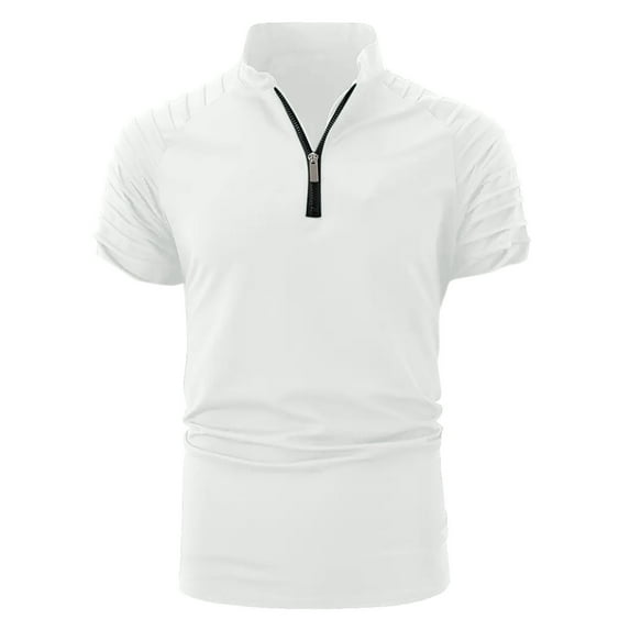 Dagugfen Mens Workout Shirts Zipper V Neck Short Sleeve Stand Collar Lightweight Leisure Gym Tops Solid Color