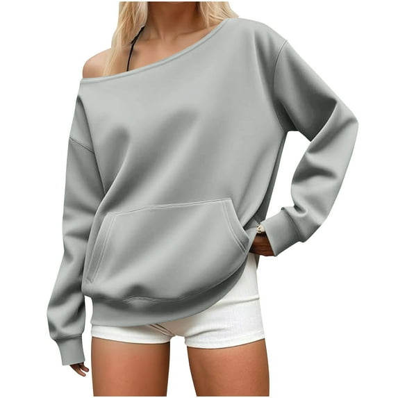 Dagugfen Off the Shoulder Tops for Women Long Sleeve Loose Kangaroo Pocket Comfy Thermal Sweatshirts