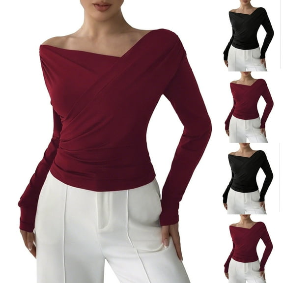 Dagugfen Off the Shoulder Tops for Women Long Sleeve Wrap Tunic Slim Dressy Casual Elegant Shirts for Prom Dinner Party