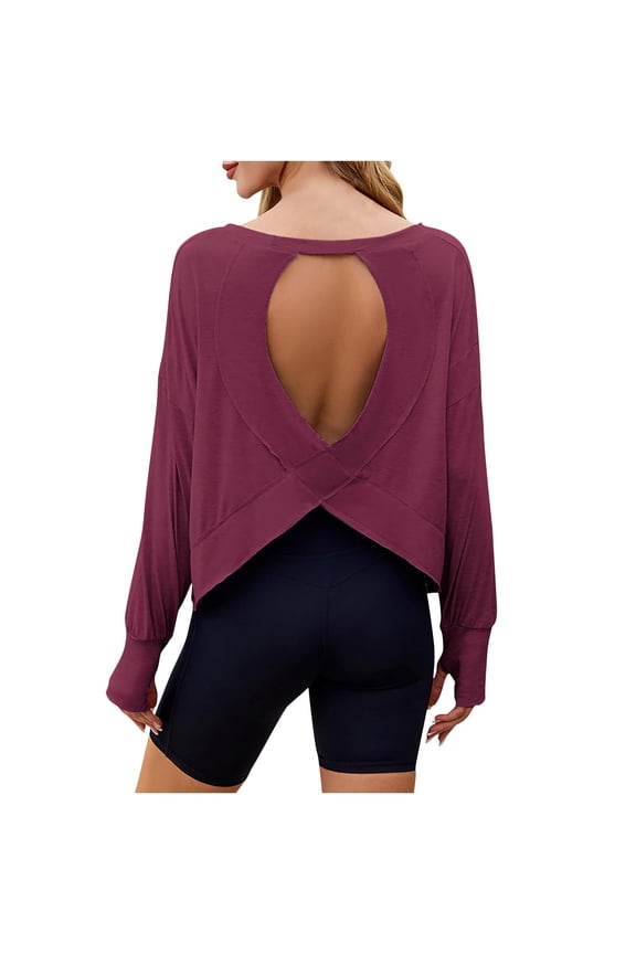 Open Back Tops for Women Long Sleeve Athletic Gym Running Yoga Sports Workout T Shirts Crop Tops