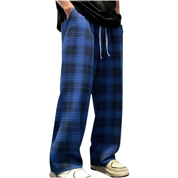Dagugfen Pajama Pants for Men Plaid Loose Fitted Elastic Waist Full Length Pants with Pockets Home Leisure Loungewear Trousers