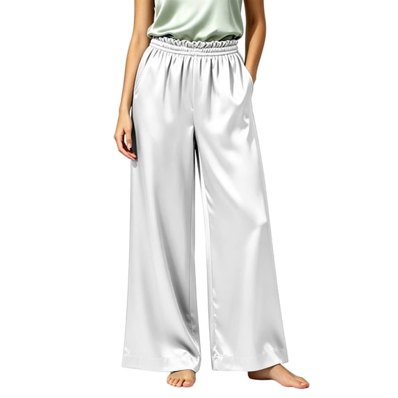 Dagugfen Pajama Pants for Women Elastic Waist Wide Leg Loose Fitted Satin Comfy Casual Pants Home Loungewear Trousers