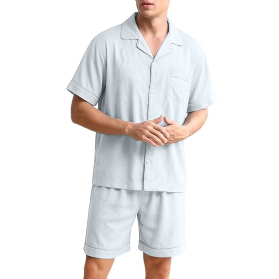 Dagugfen Pajama Sets for Men Button down Short Sleeve Shirts Elastic Waisted Loose Fitted Breathable Sleepwear Sets(XL,Blue)