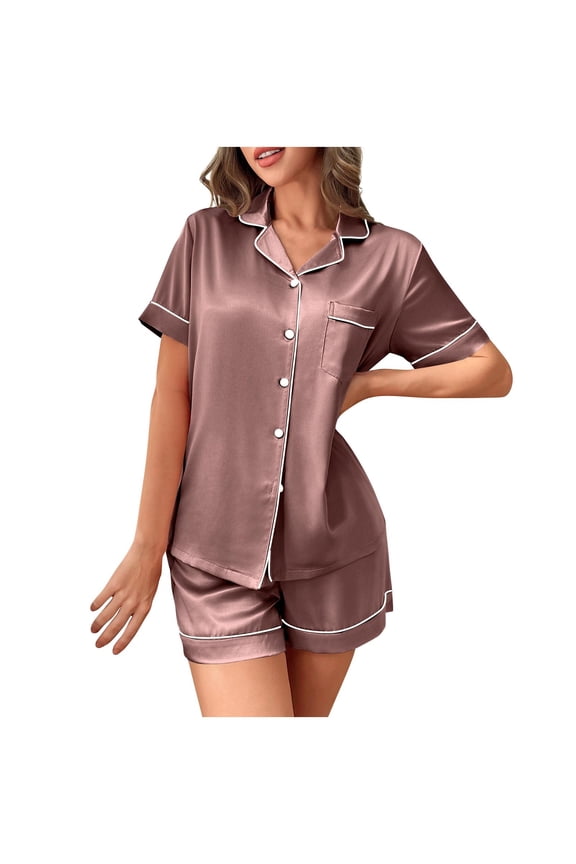 Pajama Sets for Women Button down Short Sleeve Shirts Loose Fitted Elastic Waist Shorts Breathable Casual Loungewear Sleep Sets(XXL,Coffee)
