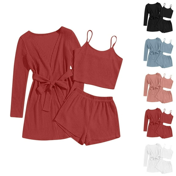 Dagugfen Pajamas for Women 3 Piece Sets Tie Nightgown Camisole Top Shorts Textures Loungewear for Going Out