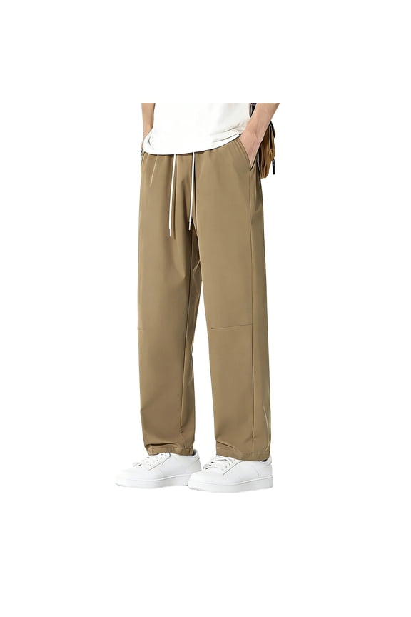 Pants for Men Drawstring Elastic Waist Straight Leg Full Length Trousers Casual Loose Fitted Basic Trousers with Pockets