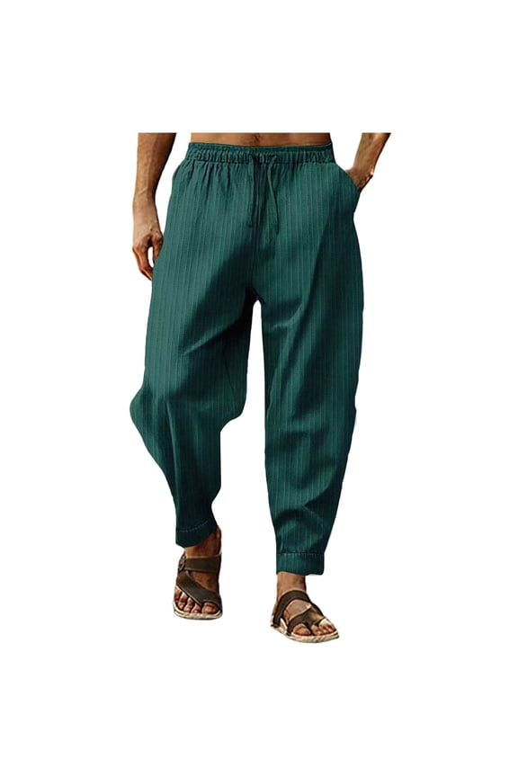 Pants for Men Lightweight Drawstring Elastic Waist Textured Baggy Thin Lightweight Casual Crop Pants