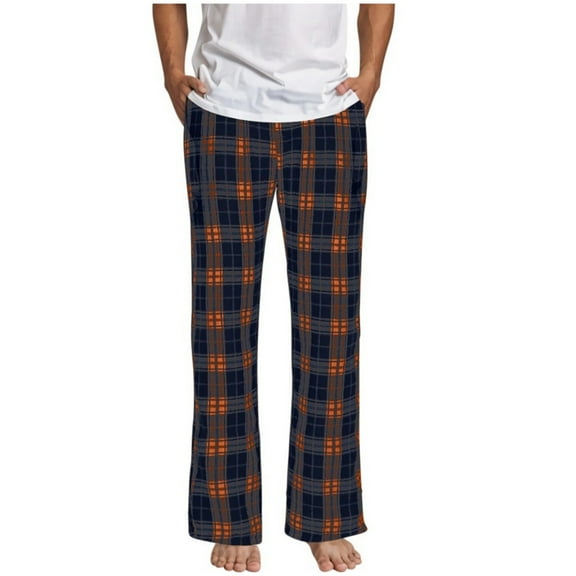 Dagugfen Pants for Men Straight Leg Drawstring High Waist Fitted Plaid Homewear Lounge Pants Pockets