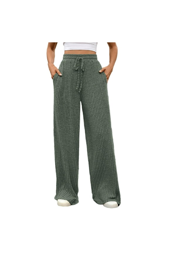 Pants for Women High Stretch Waist Knit Ribbed Loose Fitting Comfy Casual Work Travel Pants