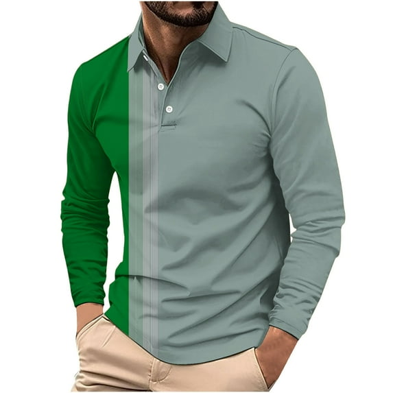 Dagugfen Plus Size Golf Shirts for Men Long Sleeve Color Block Button Lapel V Neck Lightweight Casual Work Tops
