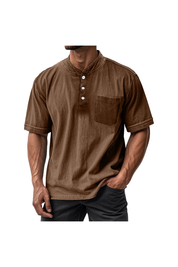 Plus Size Mens Tops Short Sleeve Button V Neck Stand Collar Loose Solid Color Comfy Casual Tee Shirts Pocket