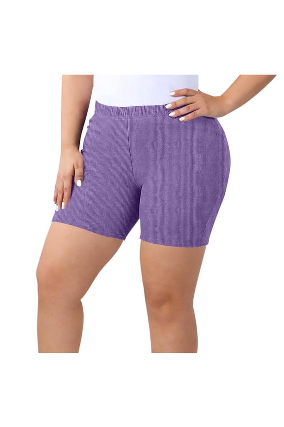 Plus Size Womens Bike Shorts Ribbed Knit 5" Skinny Base Layer Yoga Shorts for Women Solid Color