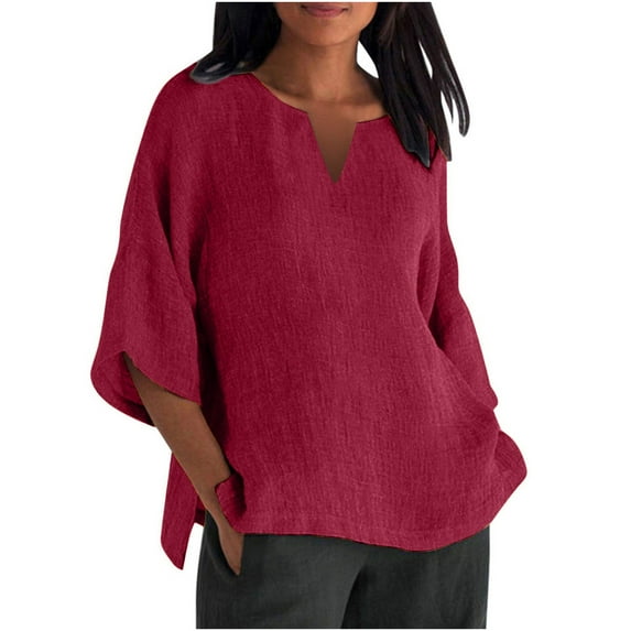 Dagugfen Plus Size Womens Cotton Linen Shirts V Neck Loose 3/4 Sleeve Lightweight Casual Going out Tops