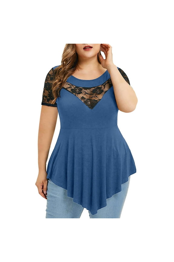 Plus Size Womens Tops Floral Lace Low Cut Tunic Asymmetric Hem Comfy Sheer Tops Blouse Fashion