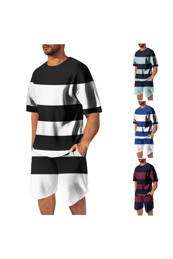 Plus Size Workout Sets for Men Striped Shorts Crewneck Shirts Shorts Set Breathable Athletic Active 2 Piece Outfits
