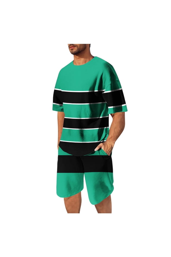 Plus Size Workout Sets for Men Striped Shorts Crewneck Shirts Shorts Set Breathable Athletic Active 2 Piece Outfits