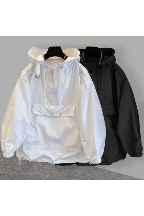 Quarter Zip Pullover Men Rain Jacket Long Sleeve Hoodie Loose Fitting Cargo Sweatshirts Outdoor Hiking Climbing Outwear