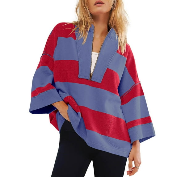 Dagugfen Quarter Zip Pullover Women Striped Oversized Half Sleeve Trendy Color Block Loose Casual Sweatshirts