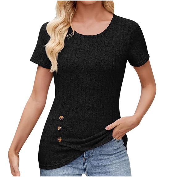 Dagugfen Ribbed Knit Casual Shirts for Women Short Sleeve Crew Neck Fitness Shirts Solid Color