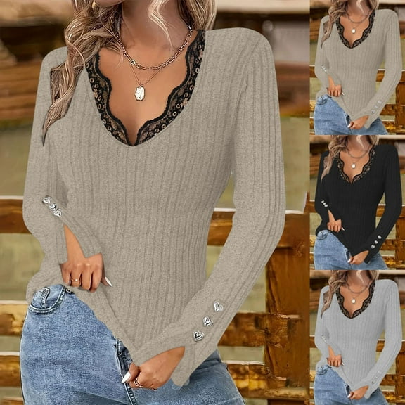 Dagugfen Ribbed Long Sleeve Tops for Women Lace V Neck Low Cut Slim Fitting Button Comfy Knit Casual Going out Tops