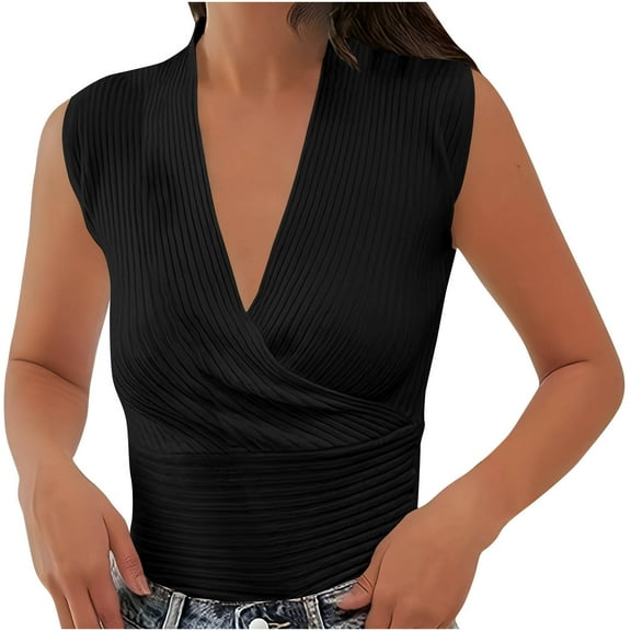 Dagugfen Ribbed Tank Tops for Women Deep V-Neck Ruched Sleeveless Stretch Double Layer Slim Fitted Going out Top