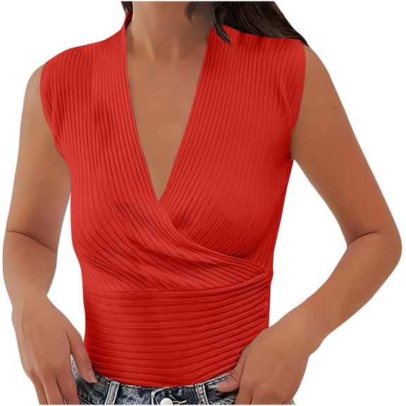 Dagugfen Ribbed Tank Tops for Women Deep V-Neck Ruched Sleeveless Stretch Double Layer Slim Fitted Going out Top