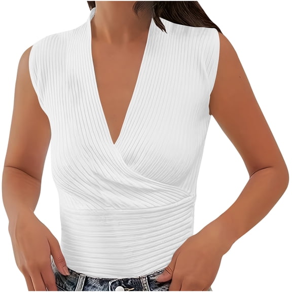 Dagugfen Ribbed Tank Tops for Women Deep V-Neck Ruched Sleeveless Stretch Double Layer Slim Fitted Going out Top