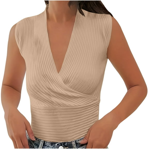 Dagugfen Ribbed Tank Tops for Women Deep V-Neck Ruched Sleeveless Stretch Double Layer Slim Fitted Going out Top