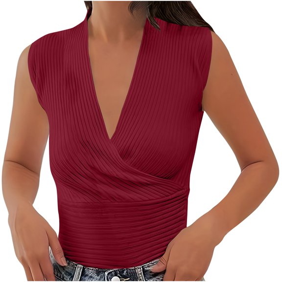 Dagugfen Ribbed Tank Tops for Women Deep V-Neck Ruched Sleeveless Stretch Double Layer Slim Fitted Going out Top