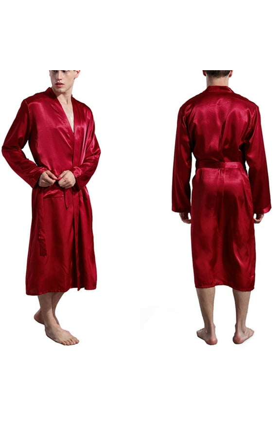 Robes for Men Satin Pajamas Long Sleeve Knee Length Belt Bathrobe Comfy Loose Casual Loungewear