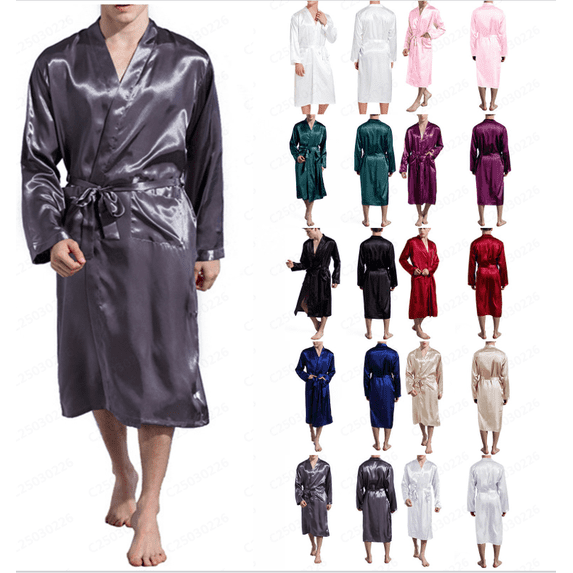 Jama Robe Men Dagugfen Robes for Men Satin Pajamas Long Sleeve Knee Length Belt ...