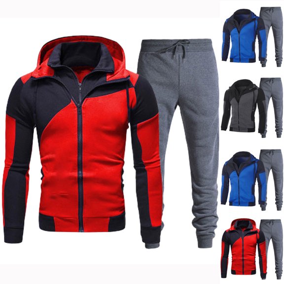 Dagugfen Sets for Men Gray Jogger Sweatpants Color Block Fall Zip Sweatshirts with Hood Fitted Outdoor Camping Hiking Outfits