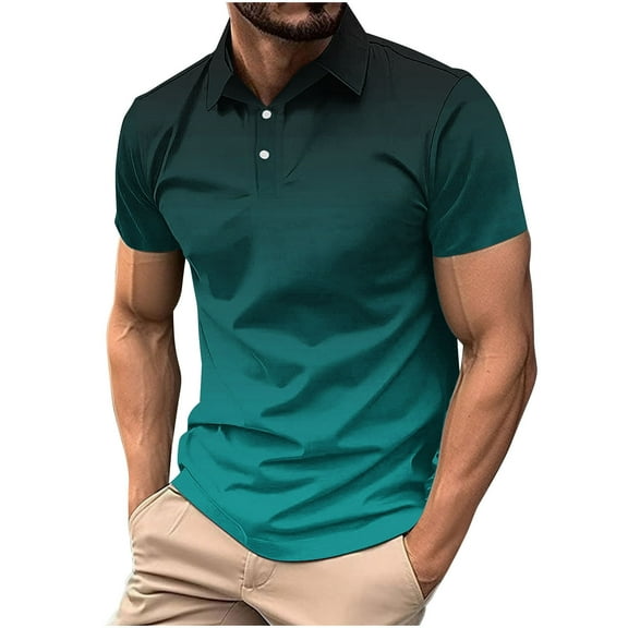 Dagugfen Shirts for Men Button Lapel V Neck Short Sleeve Gradient Color Slim Work Casual Fishing Shirts Fashion