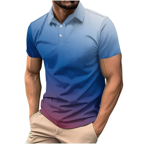 Dagugfen Shirts for Men Button Lapel V Neck Short Sleeve Gradient Color Slim Work Casual Fishing Shirts Fashion