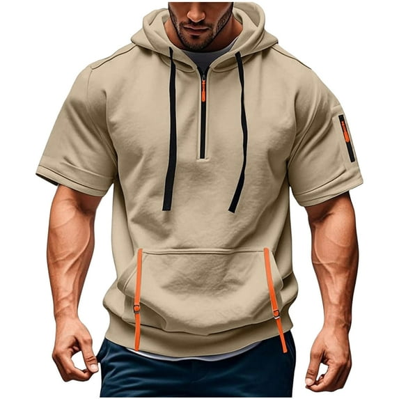 Dagugfen Shirts for Men Hoodie Drawstring Zipper Neck Short Sleeve Loose Lightweight Pullover Pockets
