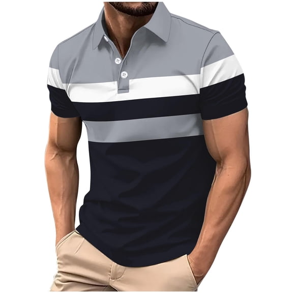 Dagugfen Shirts for Men Summer Button Lapel V Neck Short Sleeve Strip Slim Breathable Work Casual Tops