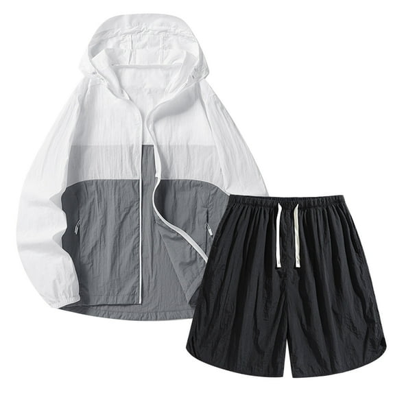 Dagugfen Short Sets for Men 2 Piece Shorts Color Block Long Sleeve Shirts with Hood Loose Casual Outfits for Fishing