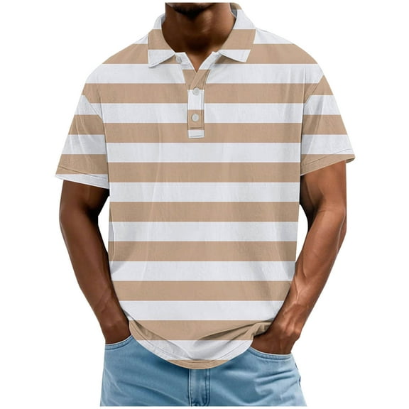 Dagugfen Short Sleeve Shirts for Men Lapel V Neck Button Strip Loose Comfy Casual Drop Shoulder Tee Tops