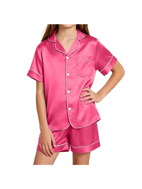 Sleepwear Suit Sets for Teens Short Sleeve Button down Shirts Collared Neck Elastic Waist Shorts Soft Homewear Comfy Outfits(12-13Years,Hot Pink)