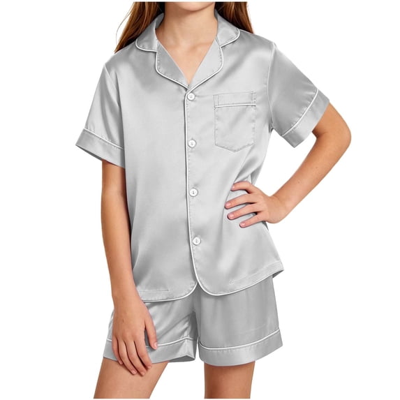 Dagugfen Sleepwear Suit Sets for Teens Short Sleeve Button down Shirts Collared Neck Elastic Waist Shorts Soft Homewear Comfy Outfits(14-15Years,Gray)