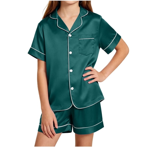 Dagugfen Sleepwear Suit Sets for Girls Boys Short Sleeve Button down Shirts Elastic Waist Shorts Soft Homewear Comfy Outfits
