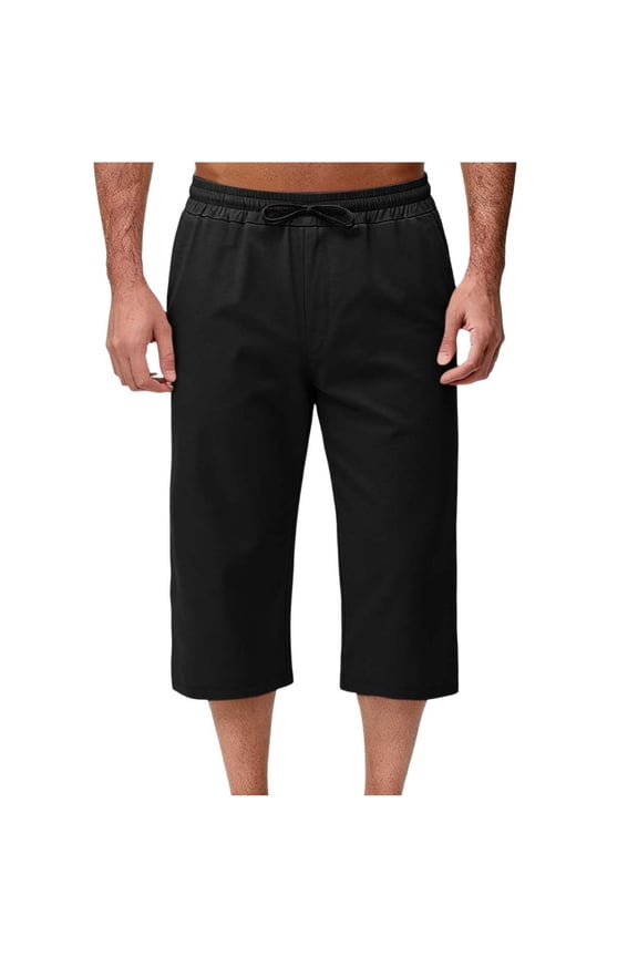Summer Capris for Men Straight Leg Drawstring Elastic Waist Capri Pants Below Knee Casual Daily Wear Pants with Pockets