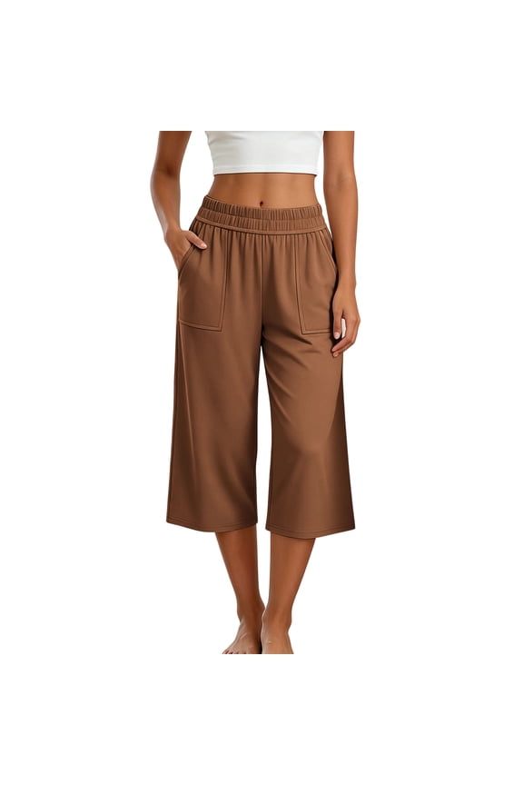 Summer Capris for Women Wide Leg Elastic Waist Loose Stretchy Comfy Capri Pants Home Loungewear Casual Capris with Pockets