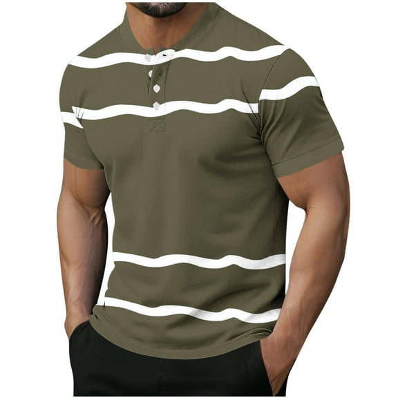 Dagugfen Summer Shirts for Men Button V Neck Short Sleeve Strip Fitted Lightweight Casual Shirts Fashion